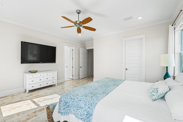 bedroom with recessed lighting, light wood-style flooring, ornamental molding, ceiling fan, and baseboards