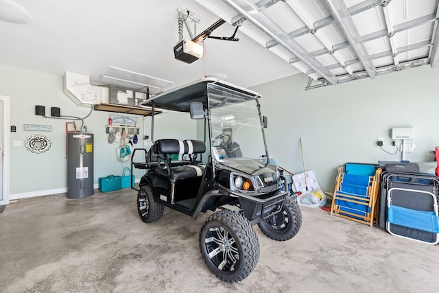 garage with a garage door opener and water heater