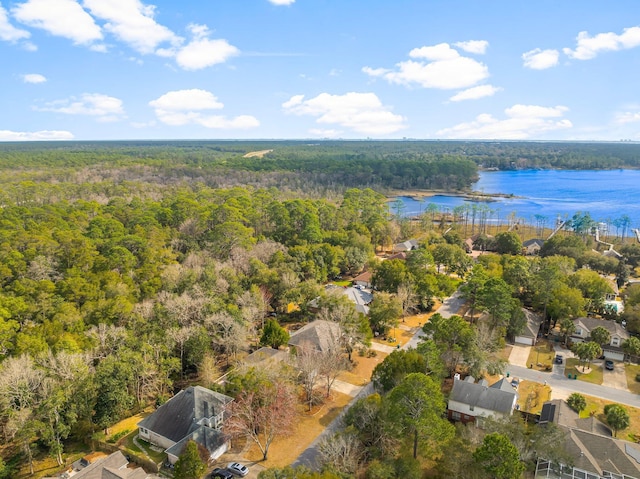 bird's eye view featuring a water view and a wooded view