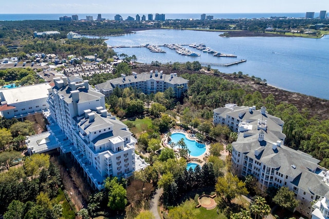 aerial view featuring a water view and a city view