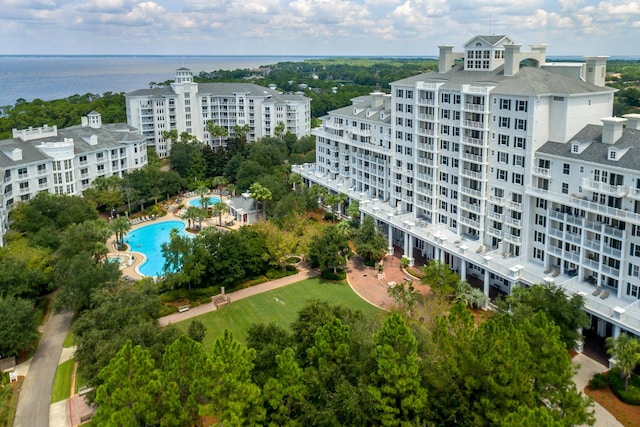 birds eye view of property featuring a water view