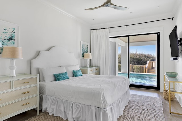 bedroom featuring access to outside, a ceiling fan, crown molding, and wood finished floors