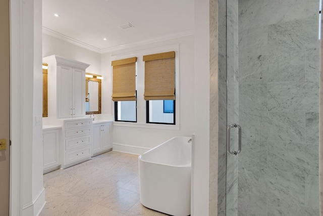 bathroom featuring recessed lighting, a soaking tub, ornamental molding, a stall shower, and vanity