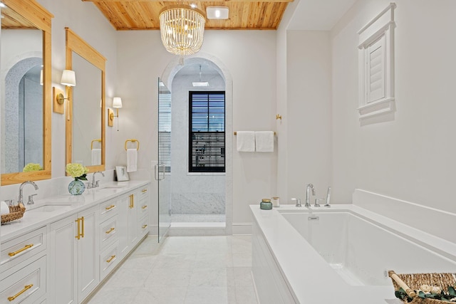 bathroom with an enclosed shower, wooden ceiling, a sink, and a bathtub