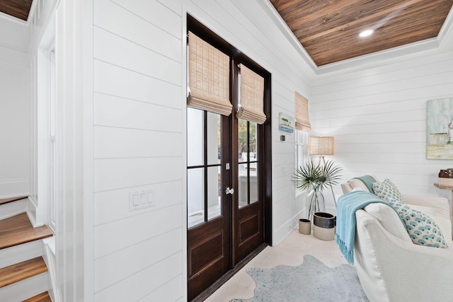 35 Tupelo St, Santa Rosa Beach, FL 32459 - interior space featuring wooden walls, recessed lighting, wooden ceiling, and french doors