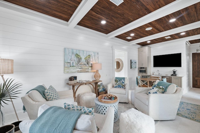 35 Tupelo St, Santa Rosa Beach, FL 32459 - living room featuring recessed lighting, wood ceiling, and beamed ceiling