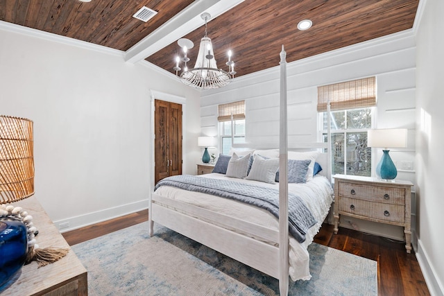 35 Tupelo St, Santa Rosa Beach, FL 32459 - bedroom featuring baseboards, visible vents, wooden ceiling, and an inviting chandelier