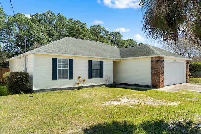 single story home with brick siding, a shingled roof, a front yard, driveway, and an attached garage