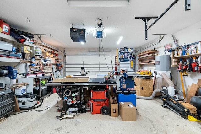 garage with a workshop area and a garage door opener