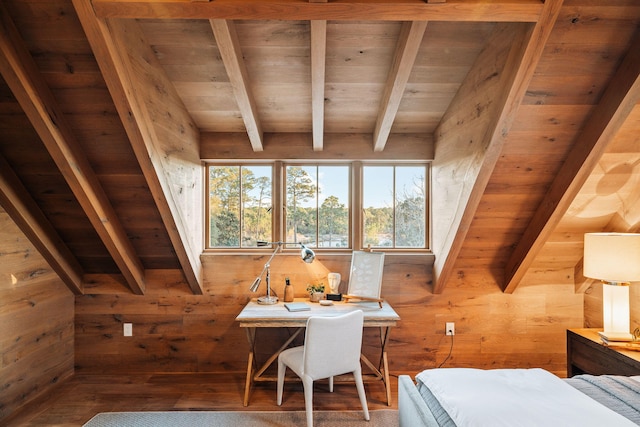 bedroom featuring wood walls, wooden ceiling, and lofted ceiling with beams