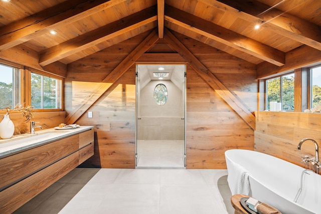 bathroom featuring a soaking tub, wooden ceiling, wood walls, and lofted ceiling with beams