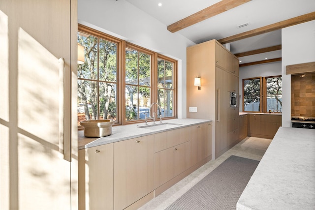 bathroom featuring beamed ceiling, recessed lighting, vanity, and visible vents