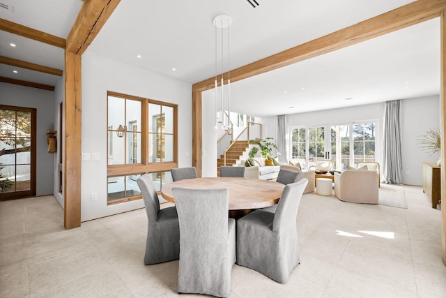 dining space with beamed ceiling, recessed lighting, visible vents, and stairway