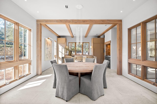 dining room featuring visible vents, beamed ceiling, plenty of natural light, and recessed lighting