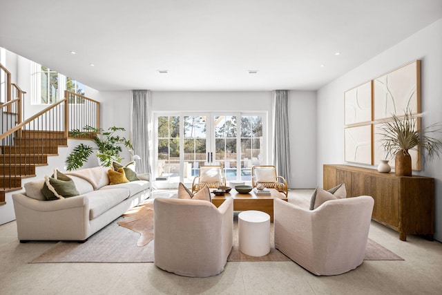 living room with recessed lighting, stairs, and visible vents