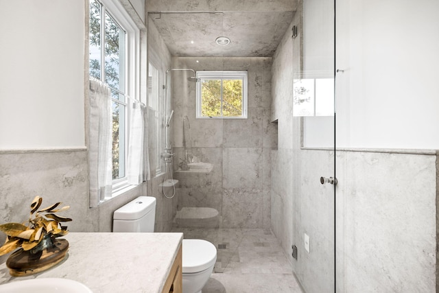full bath featuring toilet, tiled shower, and vanity