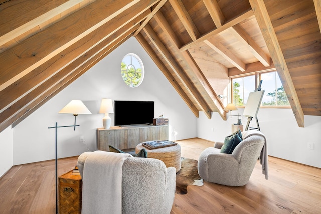 living area featuring wood ceiling, wood finished floors, and lofted ceiling with beams