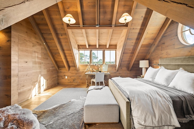 bedroom with wood ceiling, wood finished floors, wood walls, and vaulted ceiling with beams