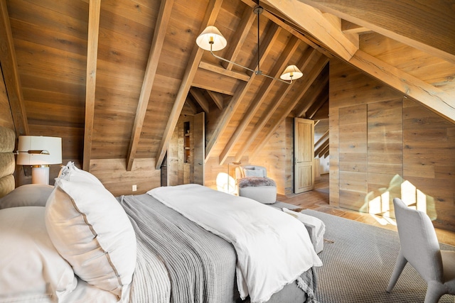 bedroom featuring wooden walls, light wood-style flooring, vaulted ceiling with beams, and wooden ceiling