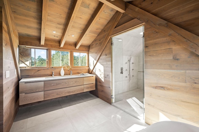 full bath featuring tiled shower, wooden walls, wood ceiling, and lofted ceiling with beams