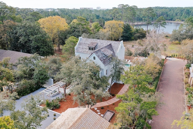 bird's eye view with a water view and a forest view