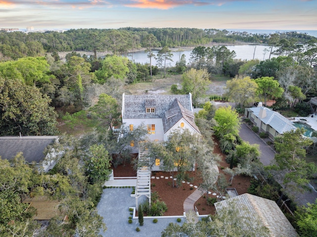 bird's eye view featuring a water view and a view of trees