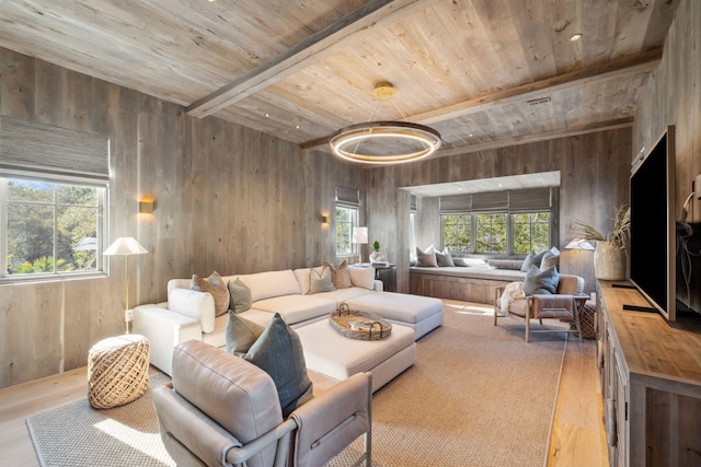 interior space featuring wood walls, wooden ceiling, beam ceiling, and wood finished floors