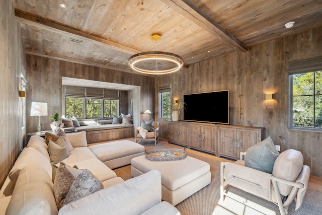 living area featuring wood walls, wood ceiling, beamed ceiling, and wood finished floors