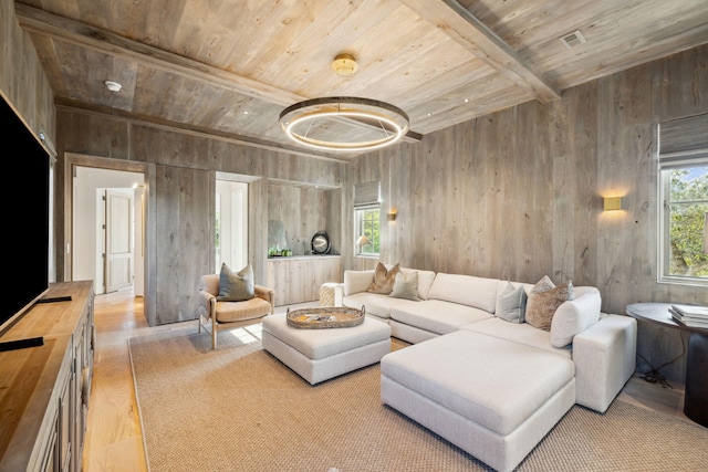 living room with wood walls, wooden ceiling, wood finished floors, and beam ceiling