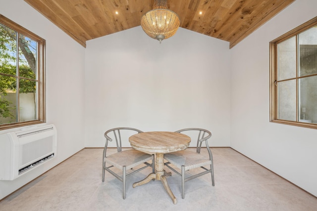 dining area featuring vaulted ceiling, a chandelier, light carpet, heating unit, and wood ceiling