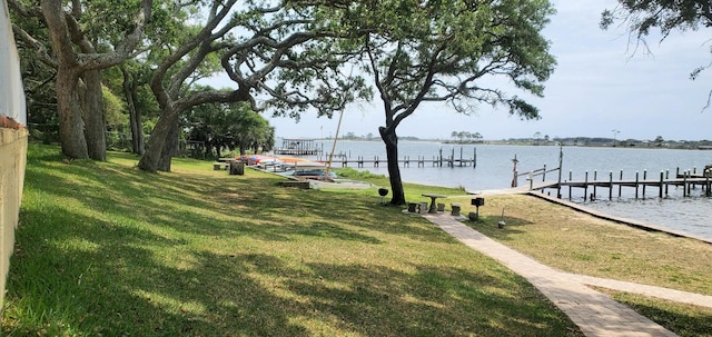 view of dock featuring a water view and a lawn