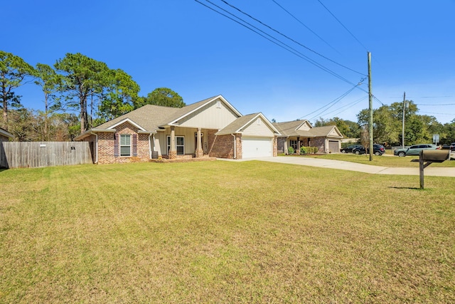 ranch-style home with brick siding, concrete driveway, a front yard, fence, and a garage