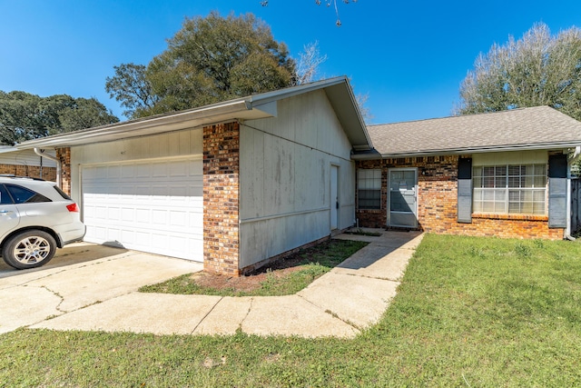 ranch-style house featuring a front lawn, roof with shingles, concrete driveway, an attached garage, and brick siding