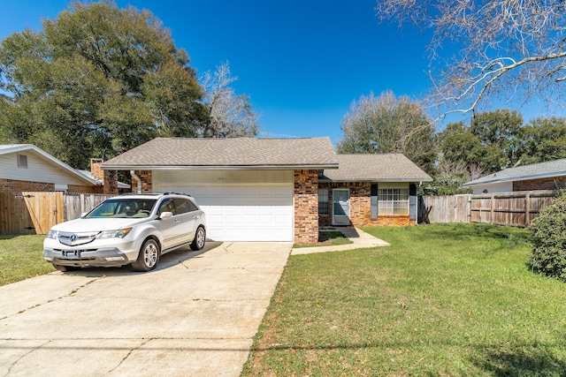 ranch-style house with a front lawn, driveway, fence, a garage, and brick siding