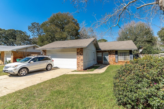 ranch-style home with a front lawn, an attached garage, brick siding, and driveway