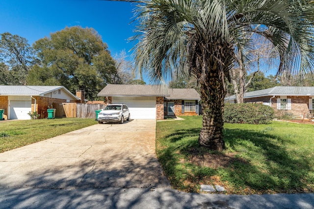 single story home featuring a garage, brick siding, concrete driveway, and a front yard