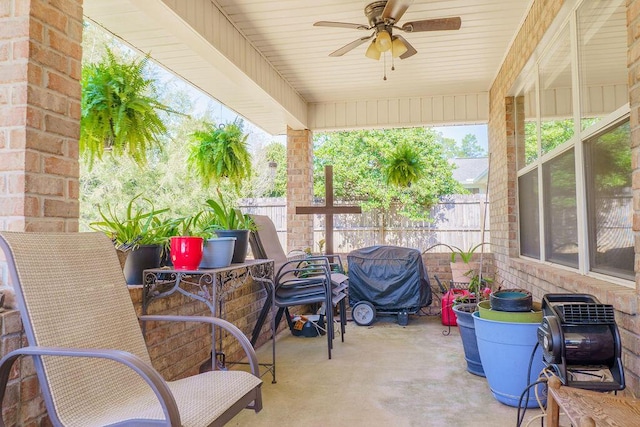 view of patio / terrace featuring ceiling fan, grilling area, and fence