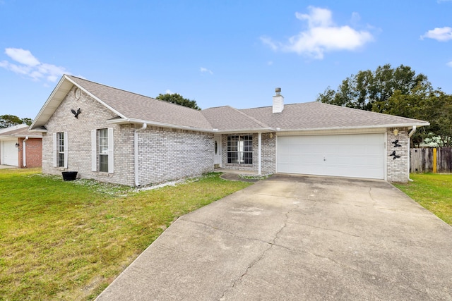 single story home featuring a garage, brick siding, driveway, a front lawn, and a chimney