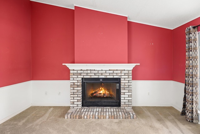 details with carpet, a fireplace, and crown molding