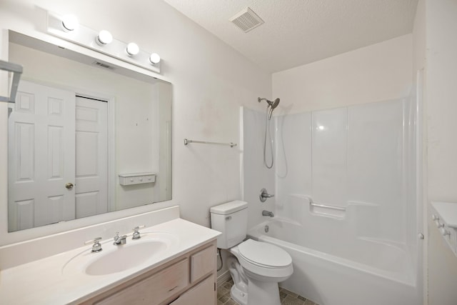 full bathroom with a textured ceiling, toilet, shower / bath combination, vanity, and visible vents