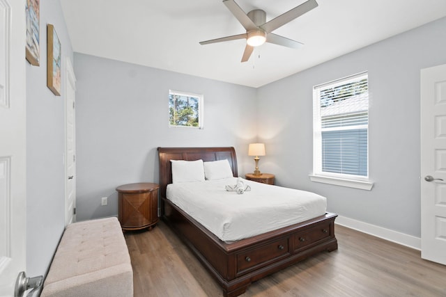 bedroom featuring ceiling fan, multiple windows, wood finished floors, and baseboards