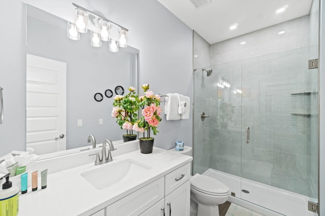 full bath featuring visible vents, a stall shower, vanity, and toilet