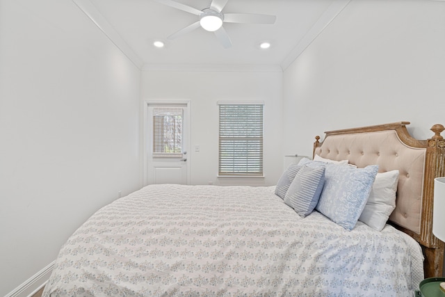 bedroom with recessed lighting, crown molding, baseboards, and ceiling fan