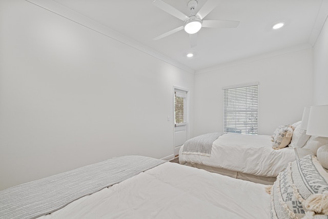 bedroom featuring a ceiling fan, recessed lighting, and crown molding