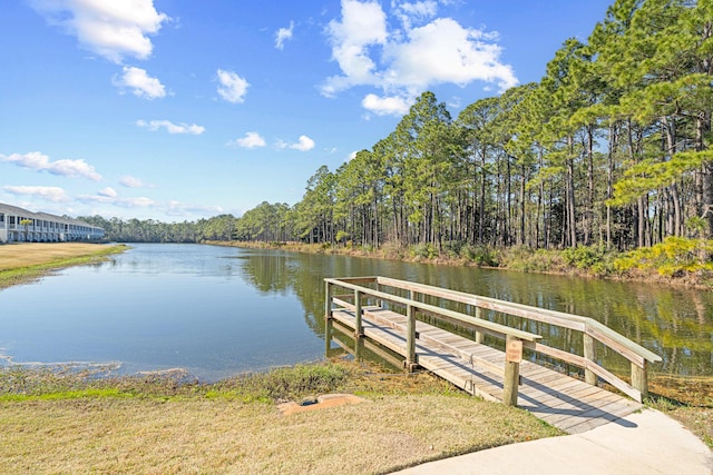 dock area featuring a water view and a view of trees