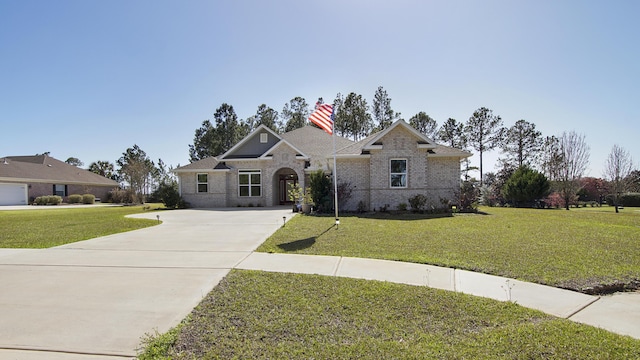 279 Tournament Ln, Freeport, FL 32439 - view of front of home featuring brick siding, driveway, a chimney, and a front lawn