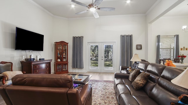 279 Tournament Ln, Freeport, FL 32439 - living area with french doors, wood finished floors, a ceiling fan, and crown molding