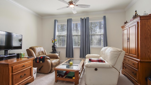 279 Tournament Ln, Freeport, FL 32439 - sitting room featuring ornamental molding, light colored carpet, plenty of natural light, and a ceiling fan