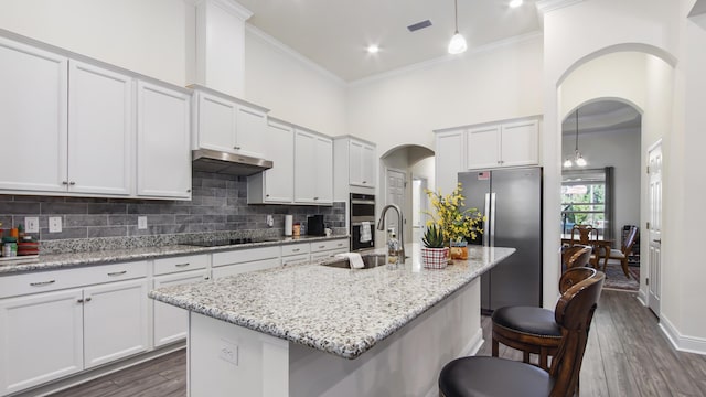 279 Tournament Ln, Freeport, FL 32439 - kitchen with arched walkways, under cabinet range hood, stainless steel appliances, a sink, and visible vents