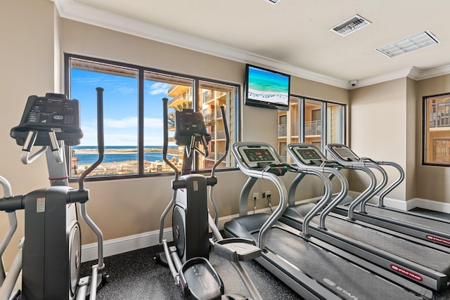 workout area featuring ornamental molding, visible vents, and baseboards